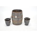 Pair of fire buckets and a coopered barrel