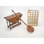 20th Century walnut occasional table, wine rack, bed warmer