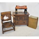 Oak mule chest, armchair, camel stool and Lloyd loom linen basket