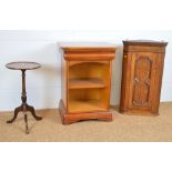 An oak corner cabinet; a cherry wood bedside table; and a wine table