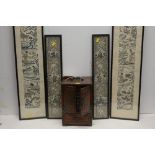 Chinese cabinet and framed silks