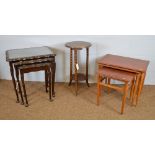 A 1960's teak nest tables; a mid 20th nest of tables; and a jardiniere stand