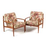 Grete Jalk for France & Son; a pair of teak framed lounge chairs