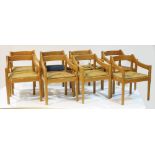 Set of eight rush seat dining chairs.