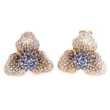 A pair of leaf pattern sapphire and diamond earrings