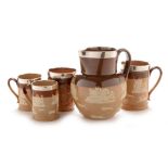 Three Doulton mugs, beaker and jug