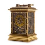 Fine and rare late 19th Century French five minute repeating gilt brass carriage clock.