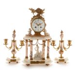 French gilt metal and alabaster clock garniture