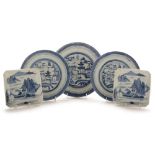 Three Chinese blue and white plates and a pair of Japanese square dishes