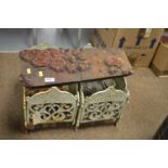 Pair of Victorian cast iron planters and a printers block