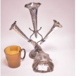 A silver epergne, inkwell and horn cup