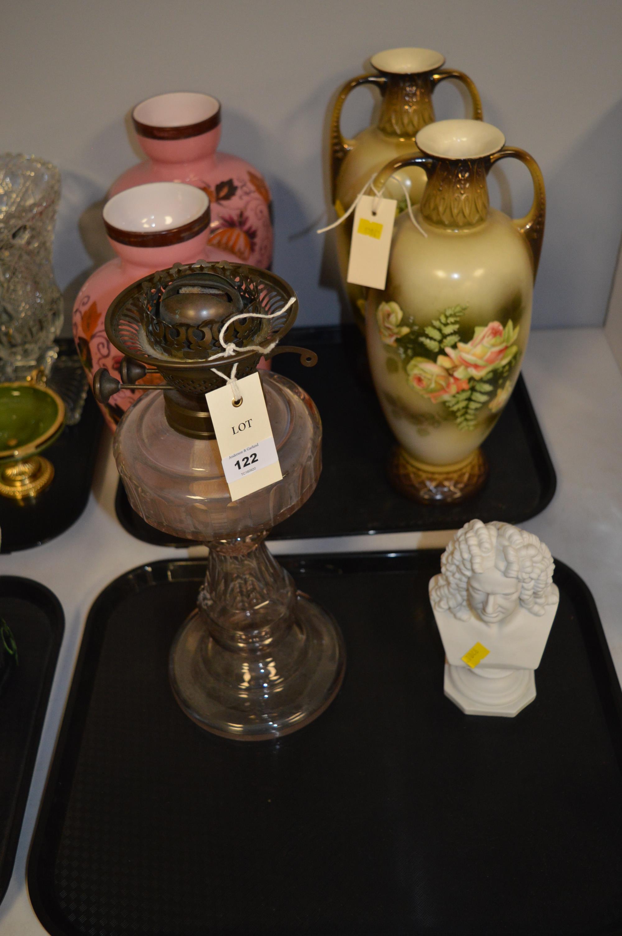 Vases, oil lamp and bust