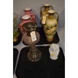 Vases, oil lamp and bust