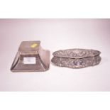 Silver oval jewellery box; and a silver inkwell