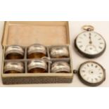 Silver napkin rings and two pocket watches