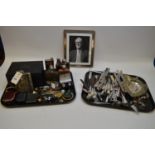 Mixed collectors items including hip flasks, coins, and cutlery