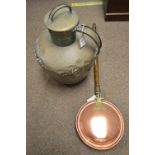 Large brass lidded water pot and a bed warming pan