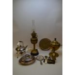 An EPNS tea kettle; a brass oil lamp, postal scales etc.