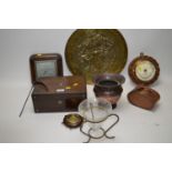 Needlework box; brass tray; and miscellaneous items.