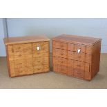 Two similar fiddle-back mahogany chests of four drawers, each with rectangular moulded top and