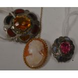 Two Scottish stone set brooches and a cameo brooch