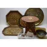 Indian stool; brass tray; and other items.