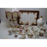 Royal Albert ornaments and figurine; Ainsley table lamp; wooden tray.