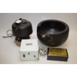 Cast Iron stove pot and cauldron; an electric burner and other items.