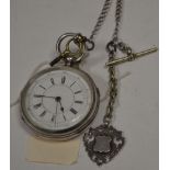Silver cased open-faced pocket watch and Albert chain