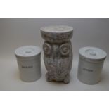Two vintage kitchen storage jars; and a carved owl ornament.