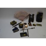 Assorted items, including treen snuff-box, fan, flute, etc.