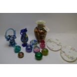 Assorted paperweights; Japanese vase; and other items.