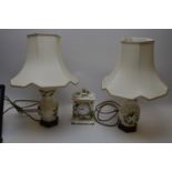 A pair of Masons Chartreuse pattern table lamps, with fabric shades; and a Masons Ironstone