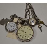 Three silver cased watches and chains