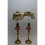 Pair of French brass oil lamps.