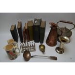 Copper kettle and measure; and miscellaneous items.