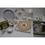 Onyx mantel clock; Wedgwood items; and Royal commemorative items.