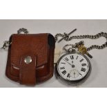 Silver cased open-faced pocket watch and Albert chain