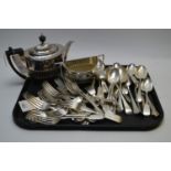 Mixed silver-plated flatware; teapot and sugar bowl by Roberts & Belk.