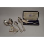 Silver tablespoons, dessert spoon and cased spoon and fork