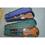 Maidstone student violin, with two bows, cased; together with another violin, cased (in need of
