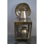 An Imperial hotplate on stand, milk can, aluminium table