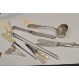 Silver, white metal and plated flatware items