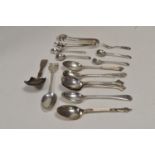Silver mustard, salt and other spoons; and other items