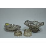 Silver bonbon dish; shell dish and napkin rings