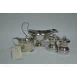 Silver condiments and sauce boat