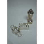 Silver caster, toast rack and tea strainer