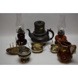 Majolica jug; two oil lamps; and other items.