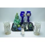 Pair of glass table lustres; glass vases; and other glass items.