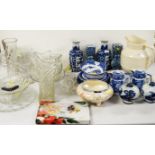 Royal Crown Derby 'Macado' pattern trio; assorted blue and white; bowl; and wash jug.